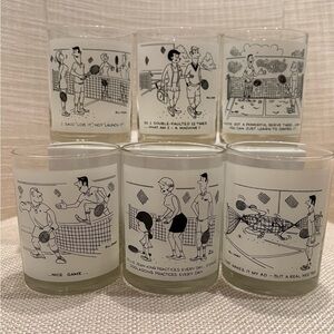 Vintage 70,s Bill Davey the Cartoonist Set of 6 Funny Tennis Low Ball Glasses